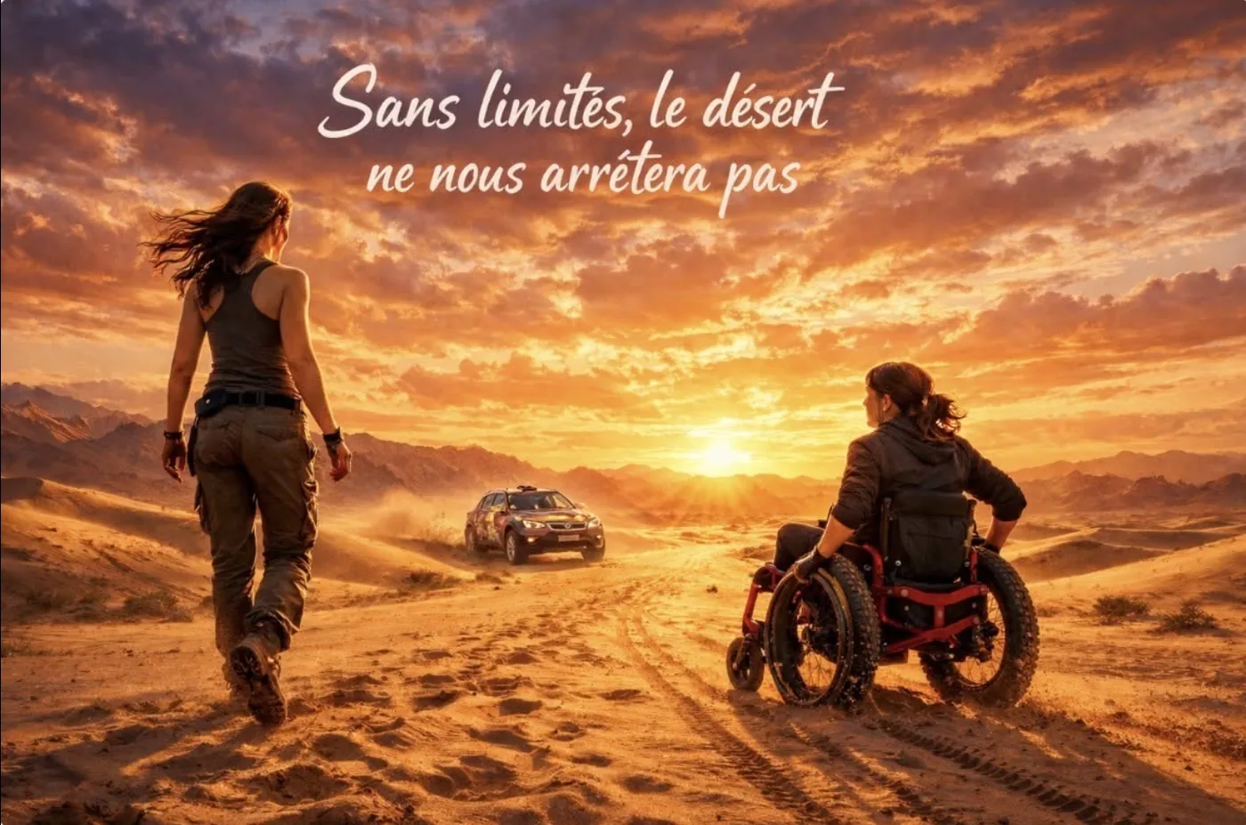 Illustration des Avengeuses des sables : une femme à pied et une femme en fauteuil tout-terrain face au désert au soleil couchant, avec la phrase « Sans limites, le désert ne nous arrêtera pas »